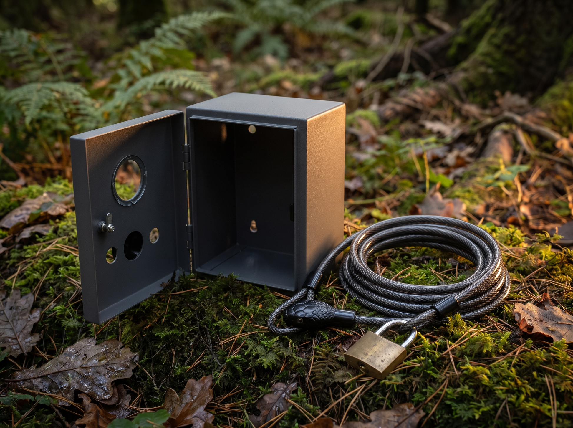 Steel security lock box, braided cable lock and padlock on forest floor