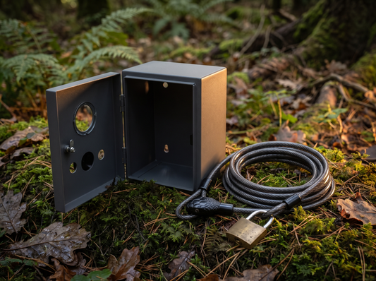 Steel security lock box, braided cable lock and padlock on forest floor